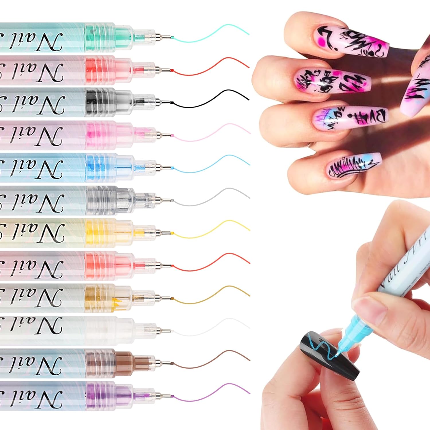 12 Colors Nail Art Pens Set Extra Fine 3D Nail Polish Pens Graffiti Nail Acrylic Paint Pens Drawing Painting Point Liner Pen for Halloween Christmas DIY Manicure Pens for Home & Salon