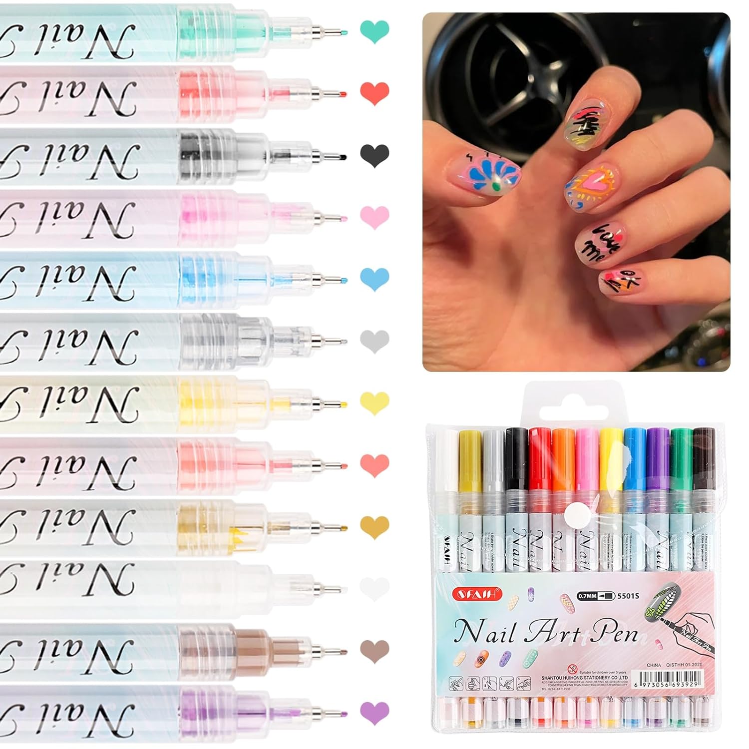 12 Colors 3D Nail Polish Pens Set 0.7MM Waterproof Quick-Drying Acrylic Graffiti Paint Nail Art Markers Manicure Dotting Drawing Painting Point Liner Pens Set for Home Salon DIY