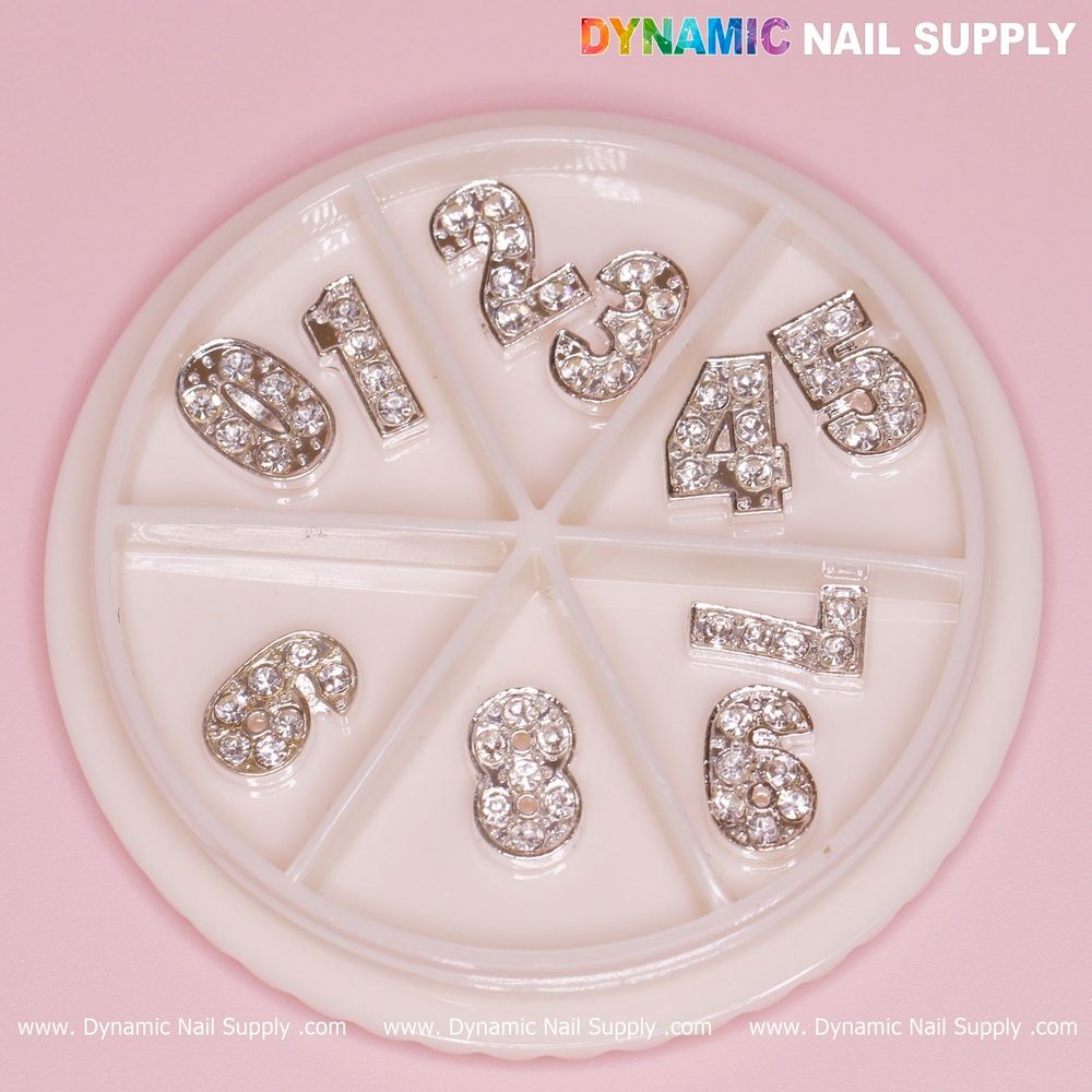 silver 3D number nail charms rhinestones - 2